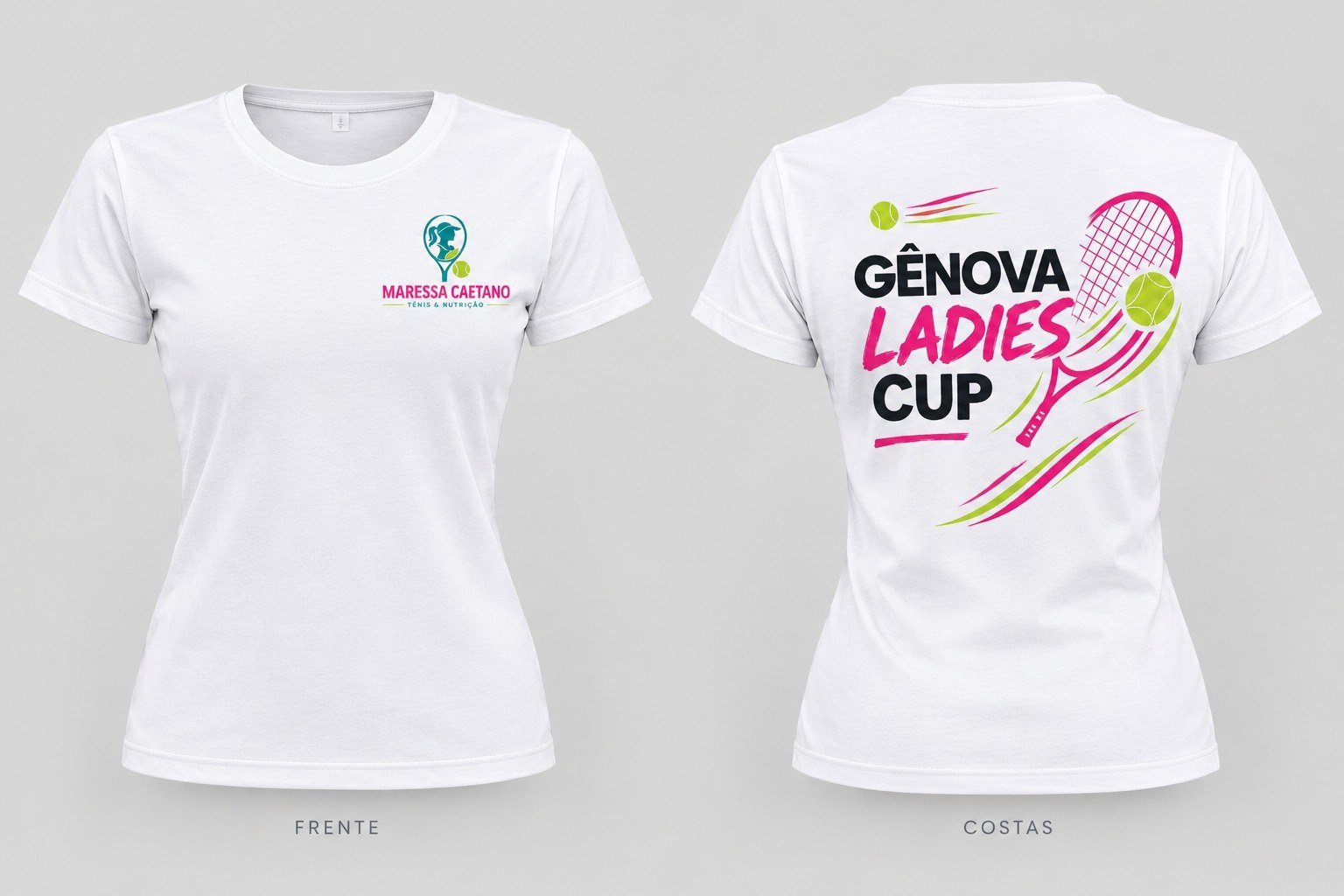 Camisa oficial do Gênova Ladies Cup: frente com a logo da Maressa Caetano, costas com o nome do torneio e uma raquete ilustrada